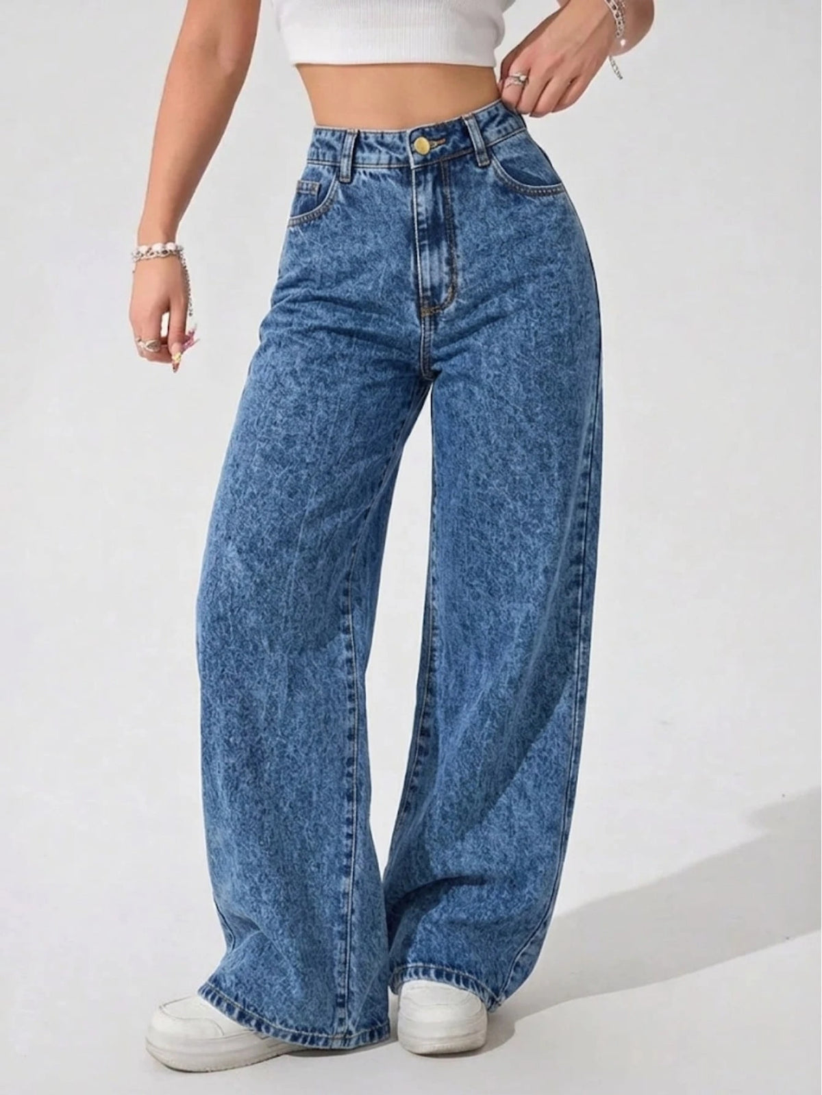 Calça Jeans Feminina Wide Leg Pantalona Cintura Alta
